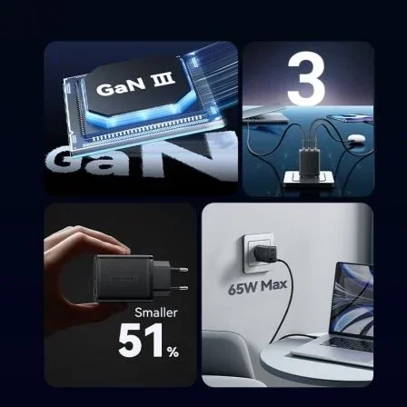Vention Cargador de pared GaN 65W con 2x USB Tipo C y 1x USB Ferw0-EU